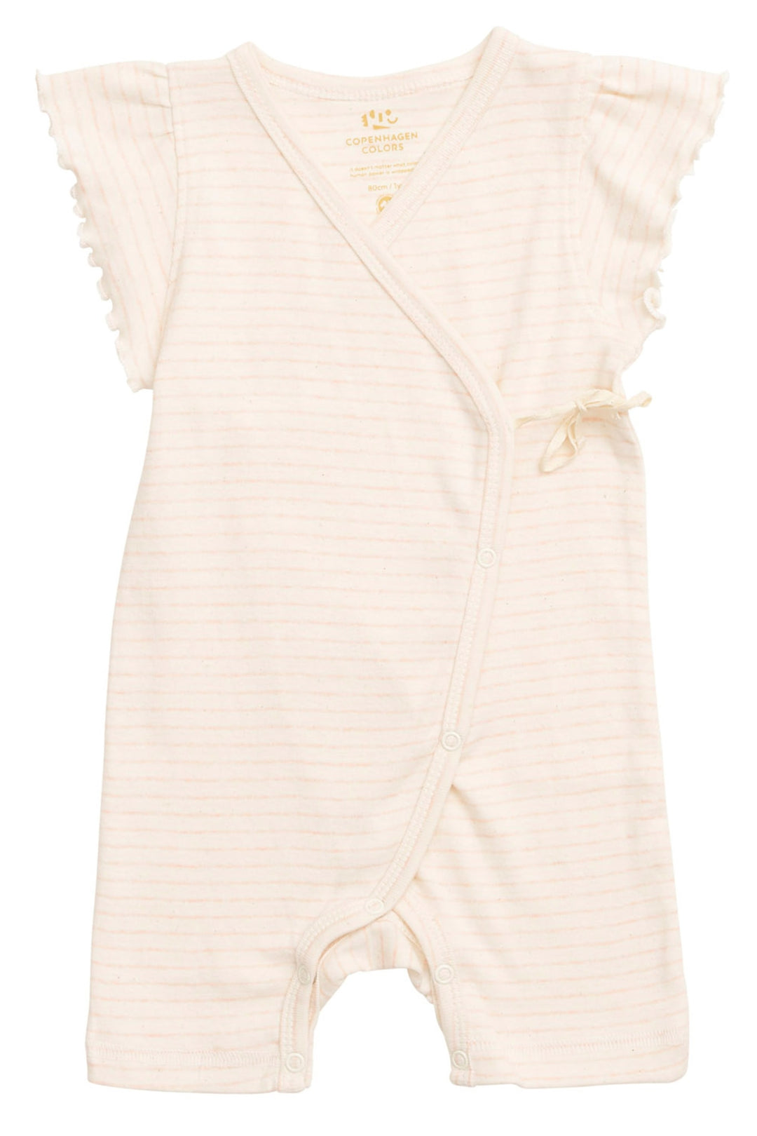 STRIPED SHORT WRAP ROMPER W.RUFFLES - SOFT PINK STRIPE