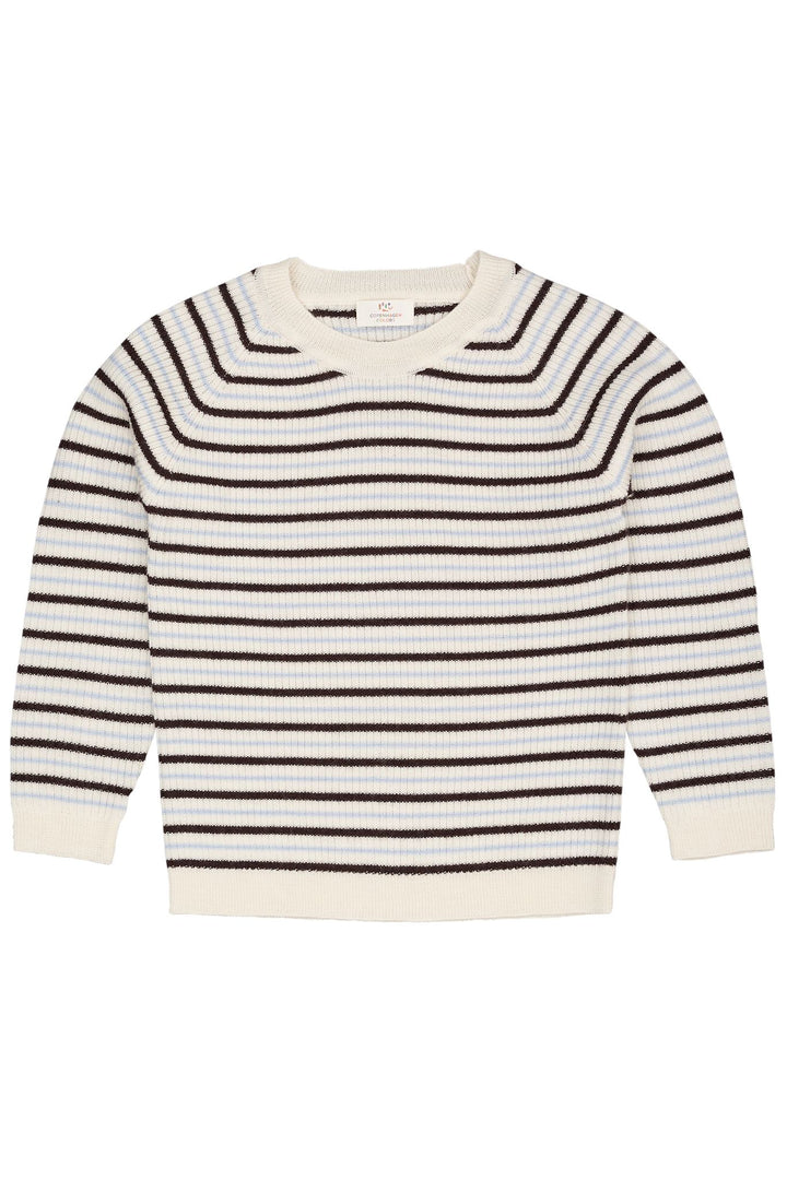 MERINO CLASSIC RIB BLOUSE - CREAM/DK BROWN/DUSTY BLUE COMBI