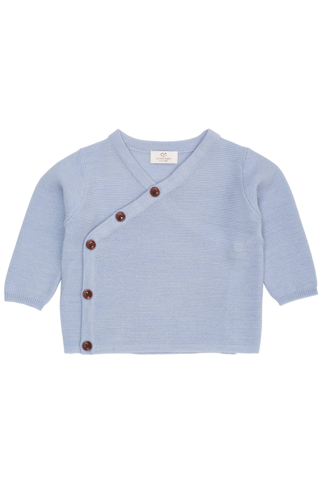 MERINO BABY CROSS-OVER CARDIGAN IN GARTER STITCH - DUSTY BLUE