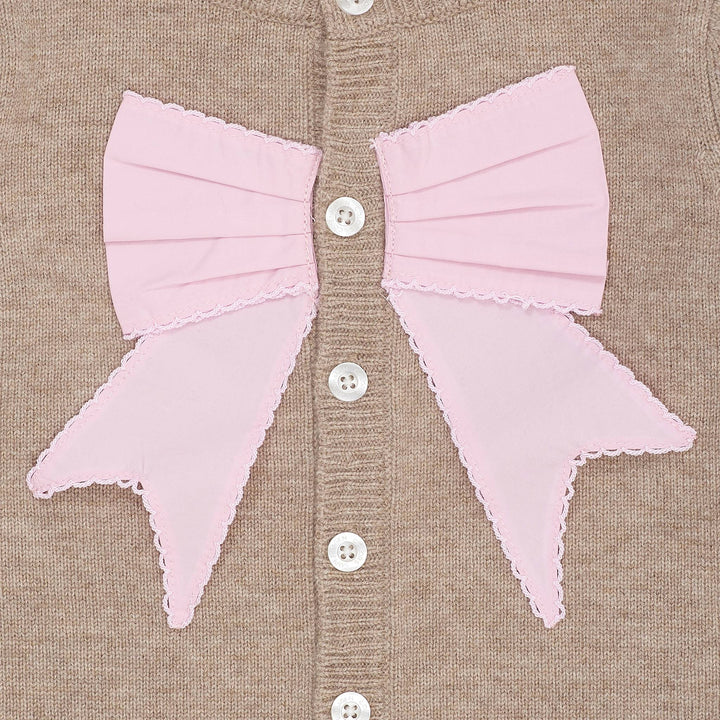 CASHMERE CARDIGAN W. POPLIN BOW - SAND/LAVENDER COMB.