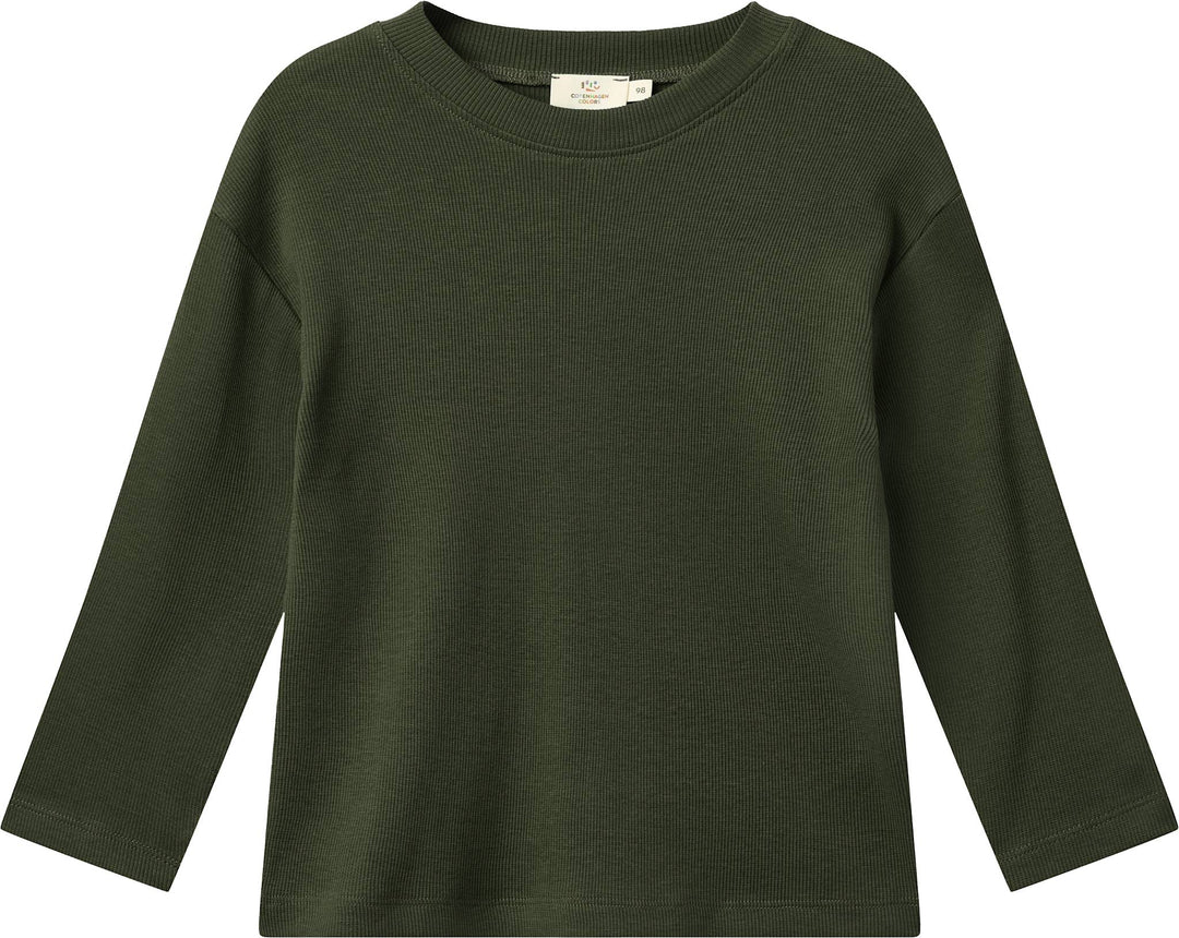 MODAL RIB LS BLOUSE W. DROP SHOULDER - DK GREEN