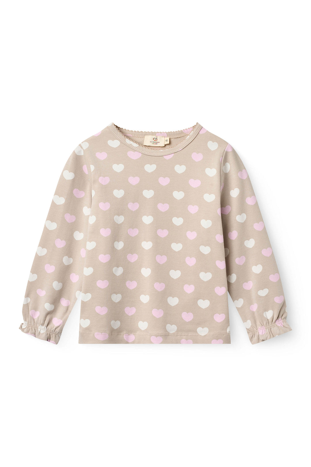 HEART AOP TEE LS W. PICOT - BEIGE W. BUBBLEGUM/CREAM