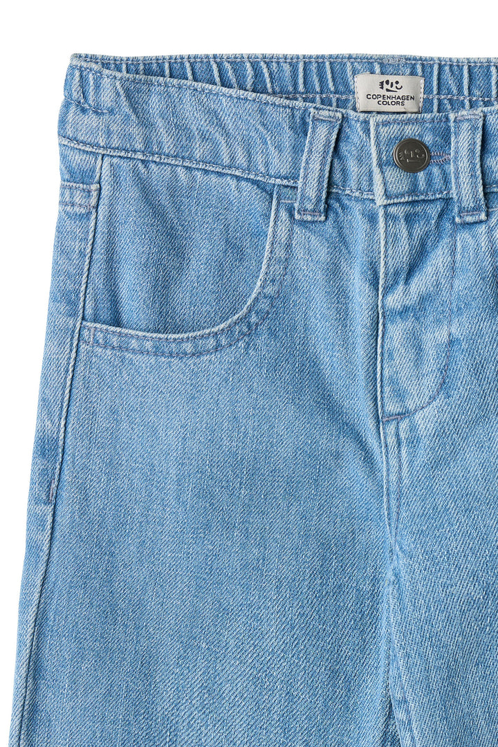 ORGANIC DENIM PANTS W. POCKET EMBROIDERY & WIDE LEG - LT BLUE INDIGO WASHED