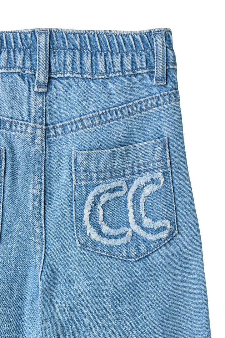 ORGANIC DENIM PANTS W. POCKET EMBROIDERY & WIDE LEG - LT BLUE INDIGO WASHED