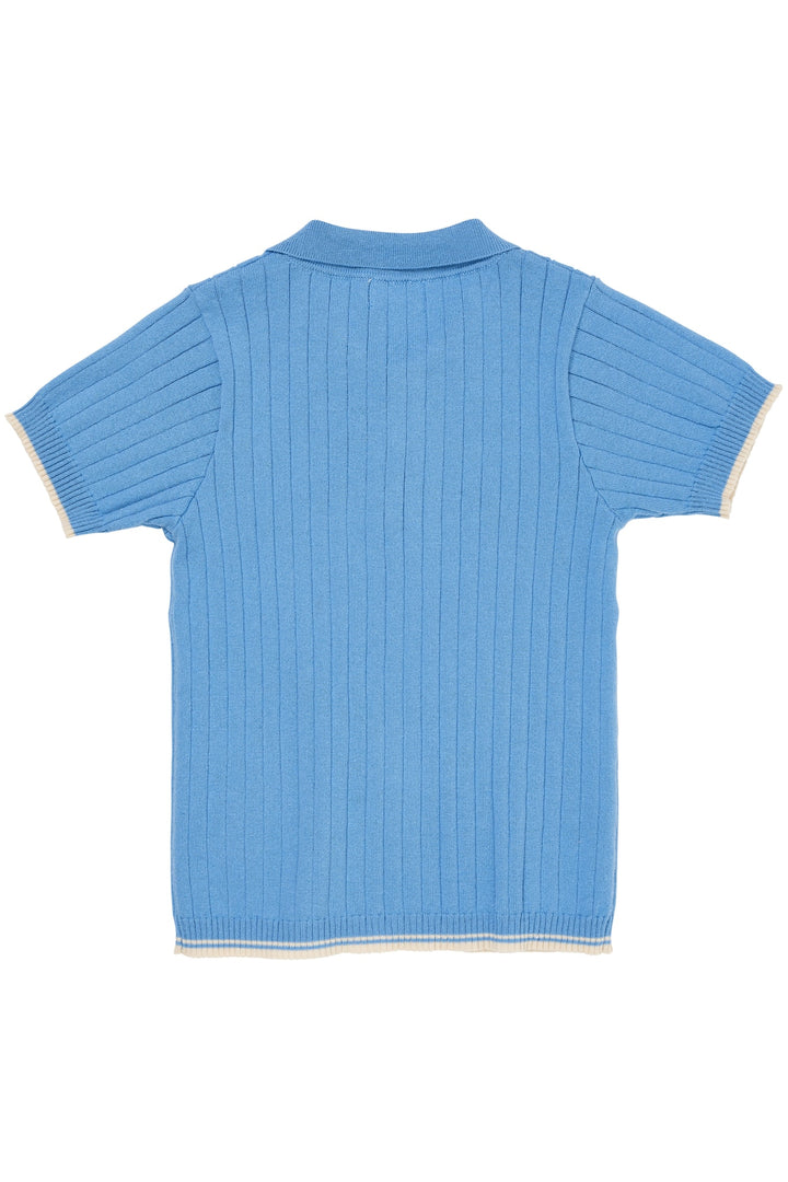 RIB KNITTED POLO - SKY BLUE/CREAM COMB.