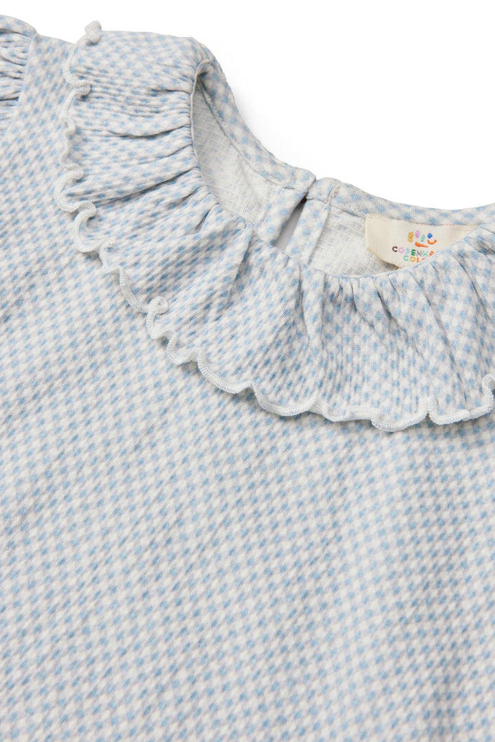 CREPE TEE W. FRILL COLLAR - DUSTY BLUE COMB.