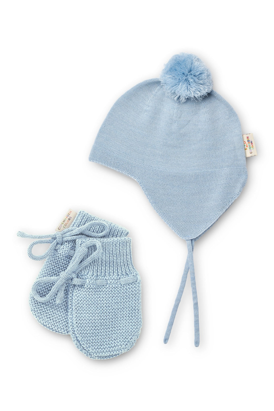 Merino Knitted Baby Bonnet w. PomPom + Baby Mittens - Dusty Blue