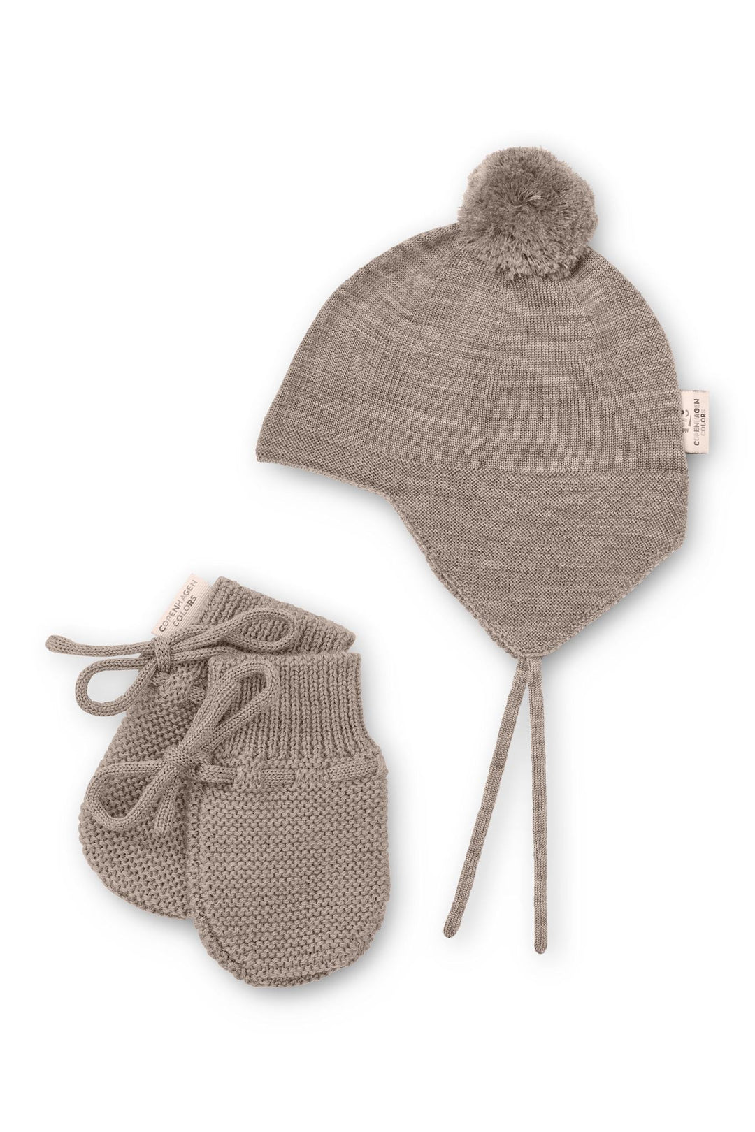 Merino Knitted Baby Bonnet w. PomPom + Baby Mittens - Natural Melange