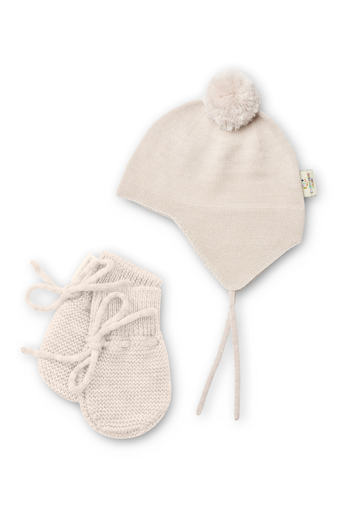 Merino Knitted Baby Bonnet w. PomPom + Baby Mittens - Pale Cream Melange