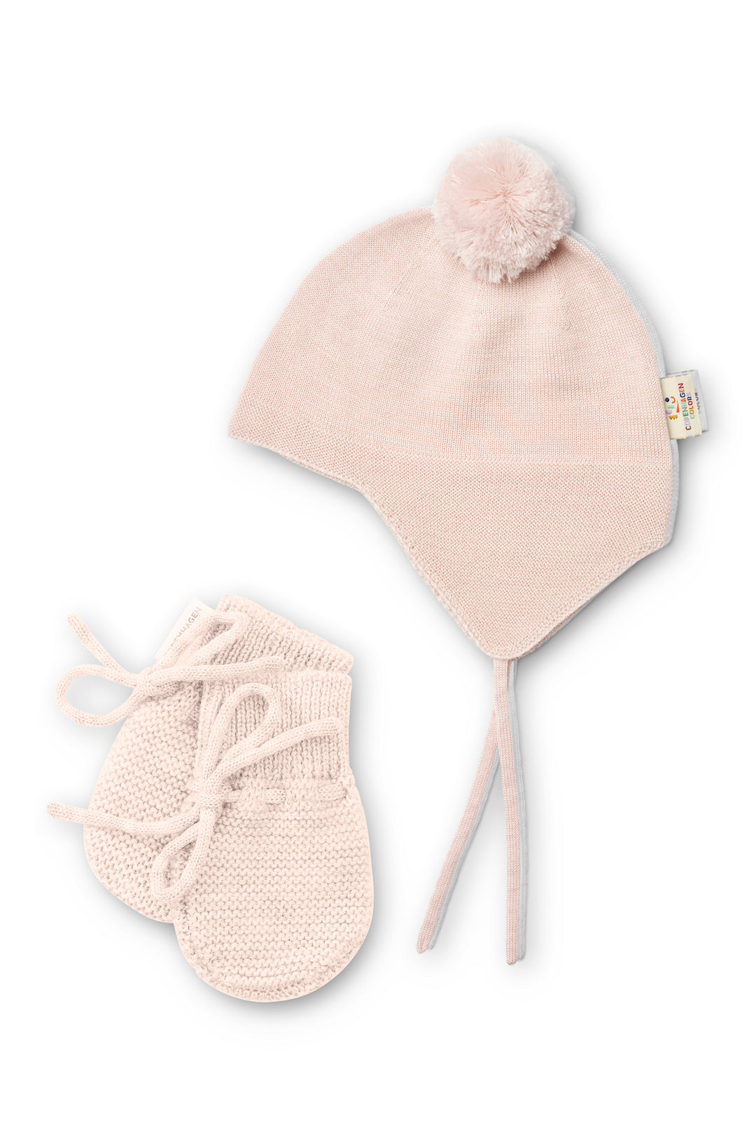 Merino Knitted Baby Bonnet w. PomPom + Baby Mittens - Soft Pink