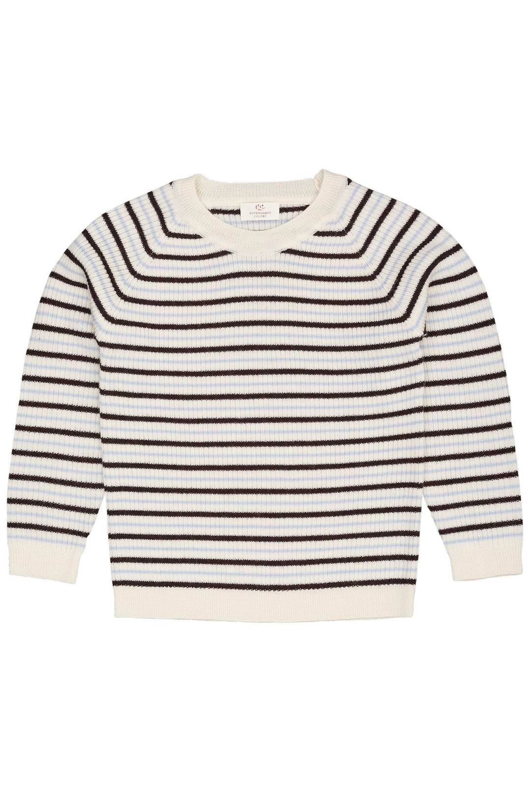 MERINO CLASSIC RIB BLOUSE - CREAM/DK BROWN/DUSTY BLUE COMBI
