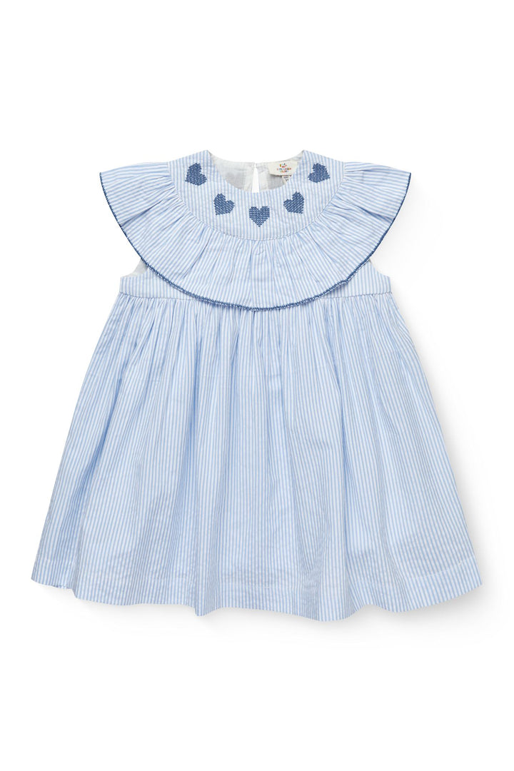 SEERSUCKER DRESS W. HEART - SKY BLUE W CREAM STRIPE W OCEAN BLUE
