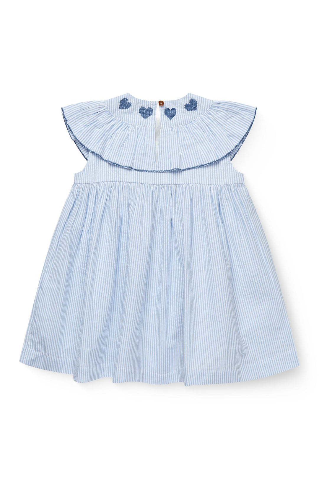 SEERSUCKER DRESS W. HEART - SKY BLUE W CREAM STRIPE W OCEAN BLUE