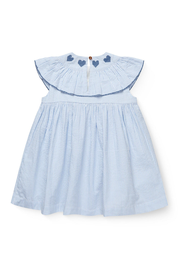 SEERSUCKER DRESS W. HEART - SKY BLUE W CREAM STRIPE W OCEAN BLUE