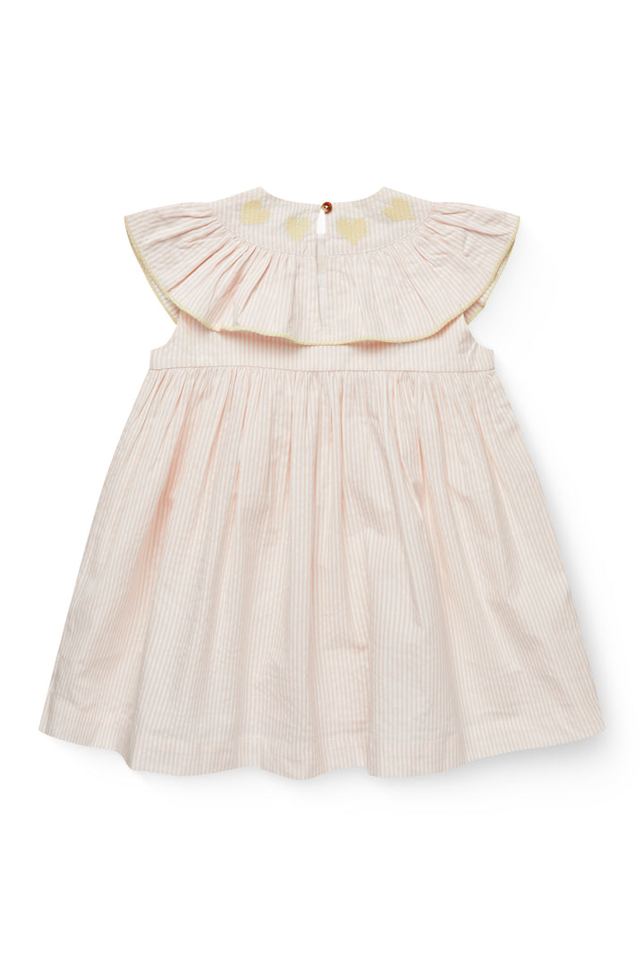 SEERSUCKER DRESS W. HEART - DUSTY ROSE W CREAM STRIPE W YELLOW