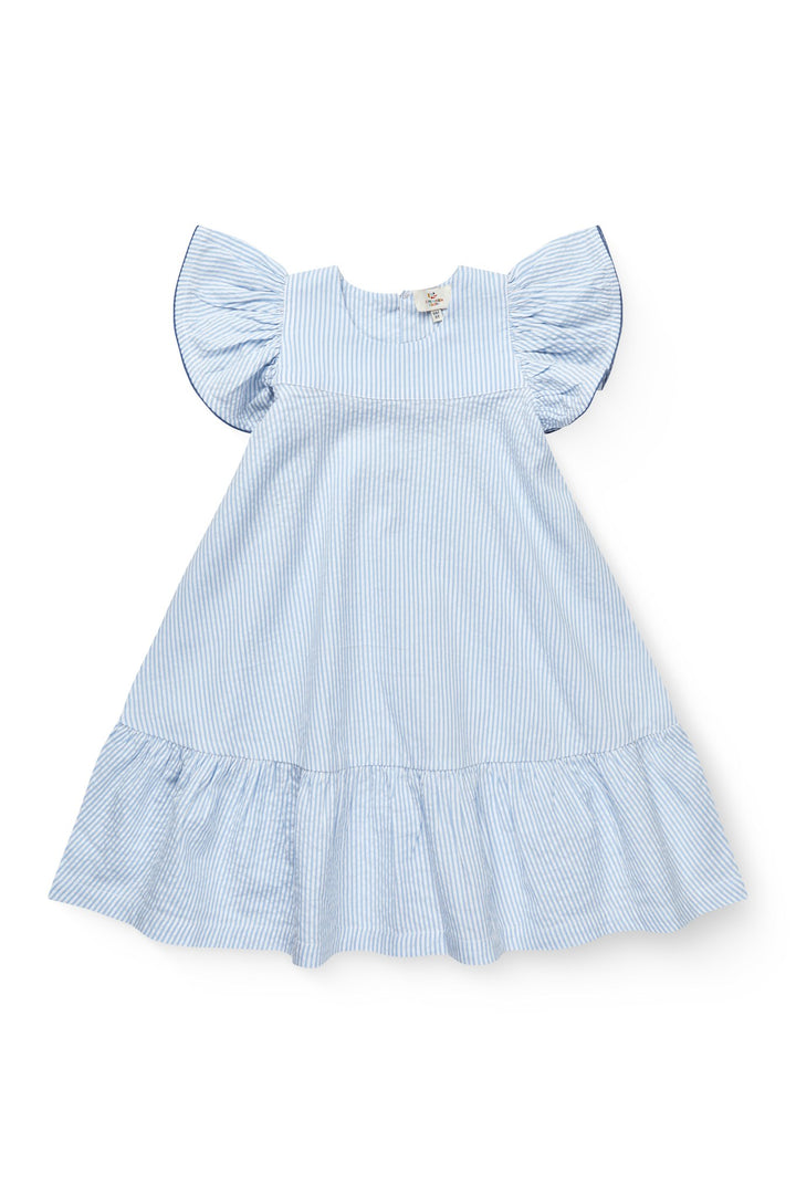 SEERSUCKER DRESS W. FRILL SLEEVES - SKY BLUE W CREAM STRIPE W OCEAN BLUE
