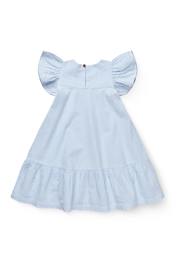 SEERSUCKER DRESS W. FRILL SLEEVES - SKY BLUE W CREAM STRIPE W OCEAN BLUE