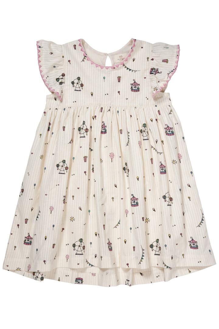 PRINTED DRESS W. RUFFLE SLEEVES - CREAM PRINT
