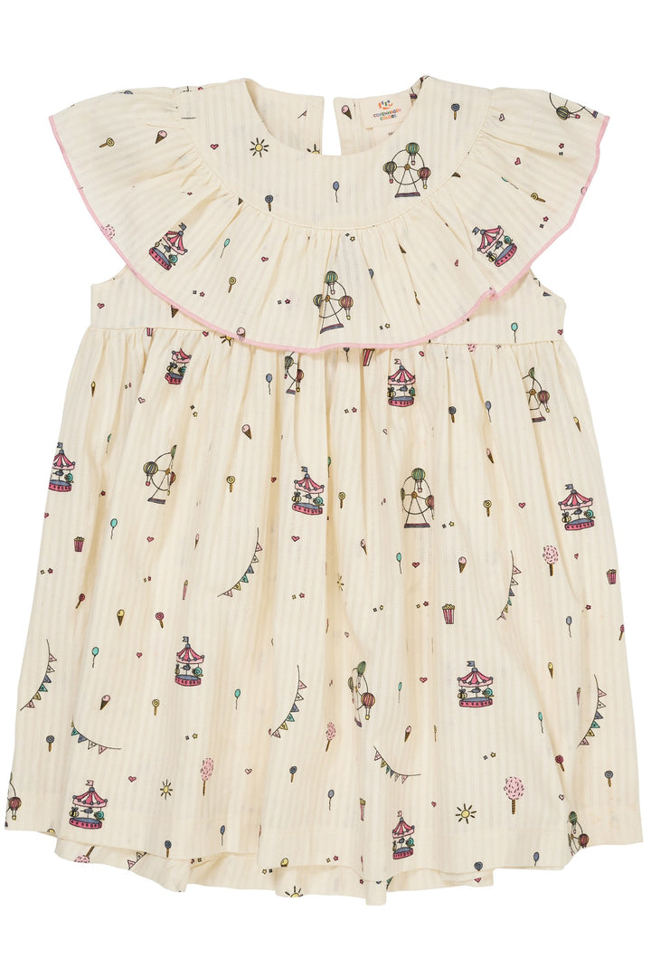PRINTED DRESS W. FRILL - CREAM PRINT