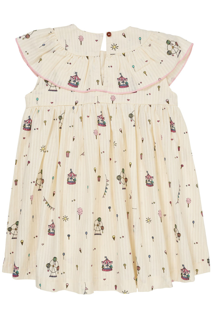 PRINTED DRESS W. FRILL - CREAM PRINT