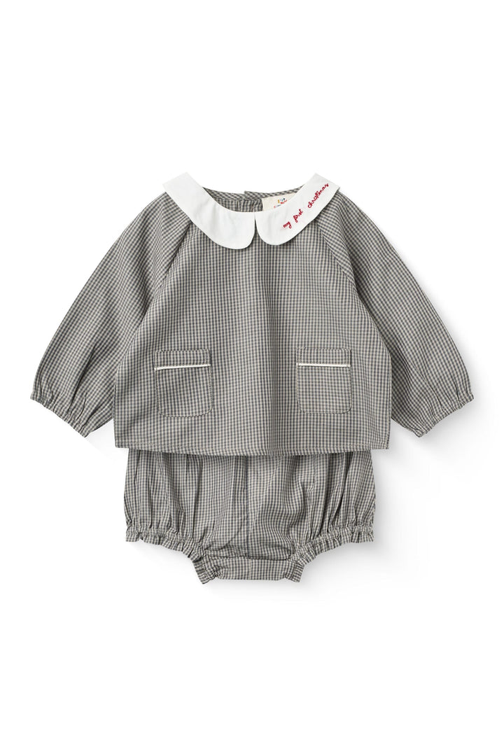 Checkered Emb. Baby Set w. Blouse and Bloomers - Grey Check Comb.