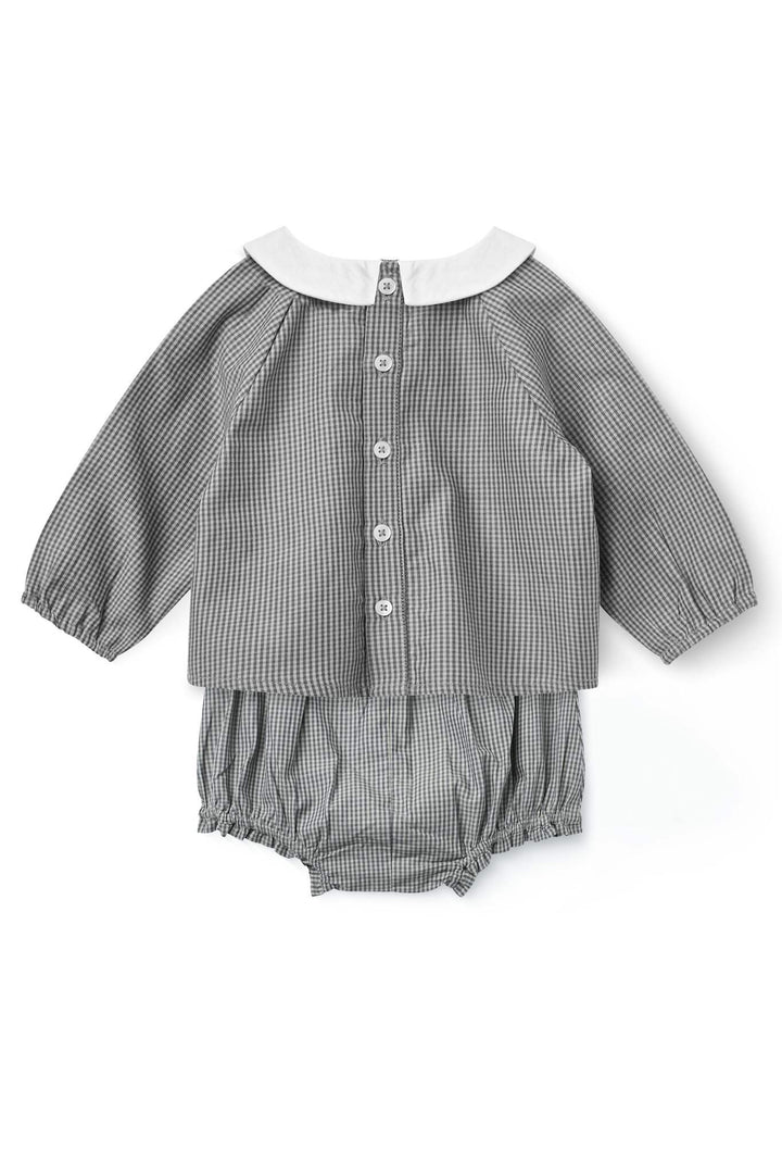 Checkered Emb. Baby Set w. Blouse and Bloomers - Grey Check Comb.
