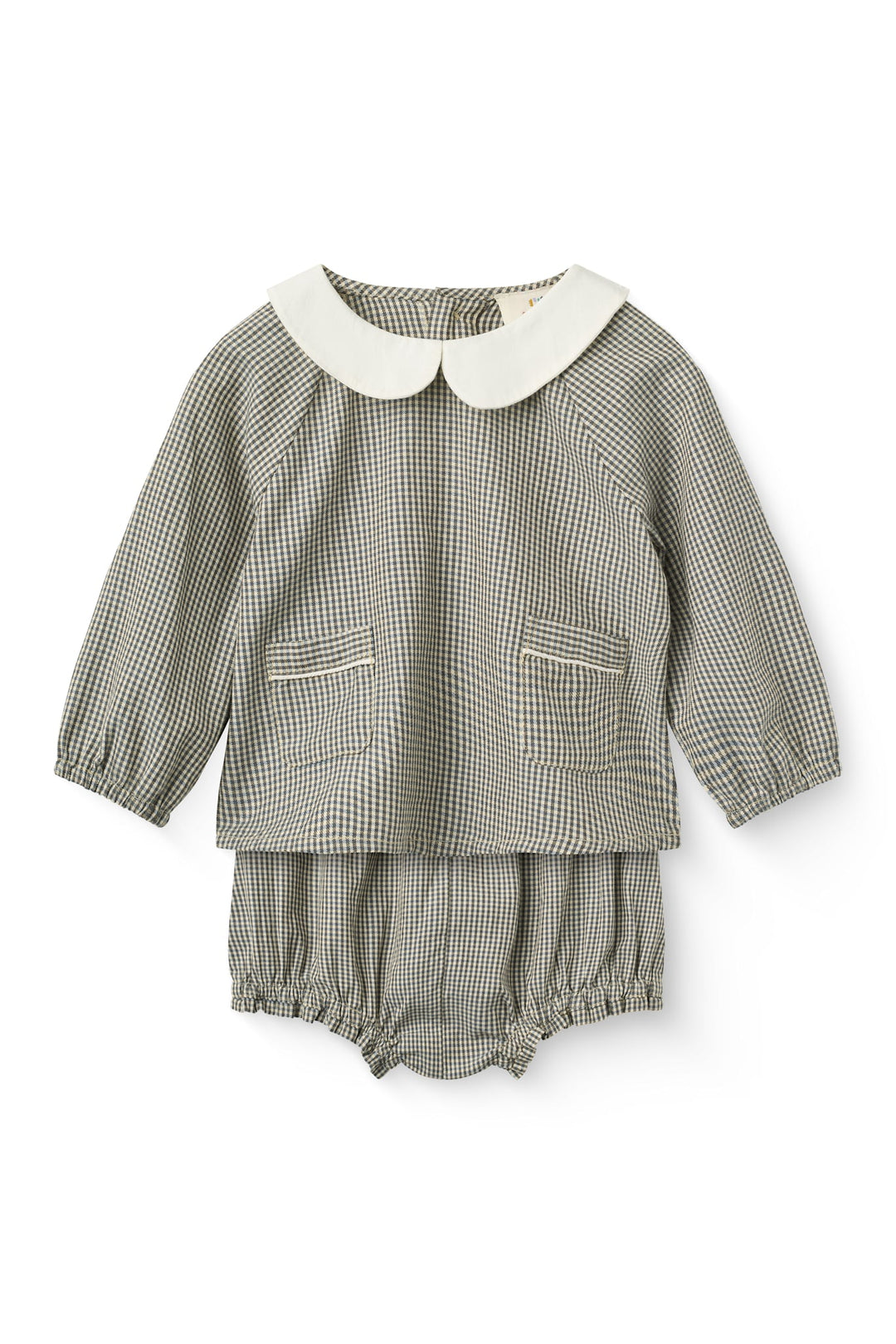 Checkered Baby Set w. Blouse & Bloomers - Brown/Sky Check Comb.