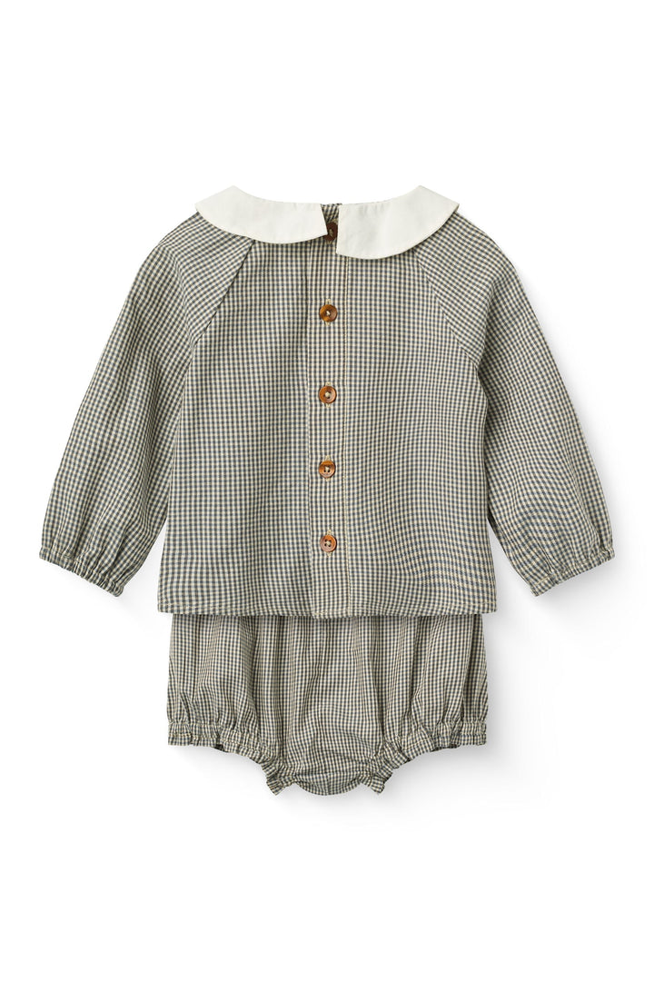 Checkered Baby Set w. Blouse & Bloomers - Brown/Sky Check Comb.