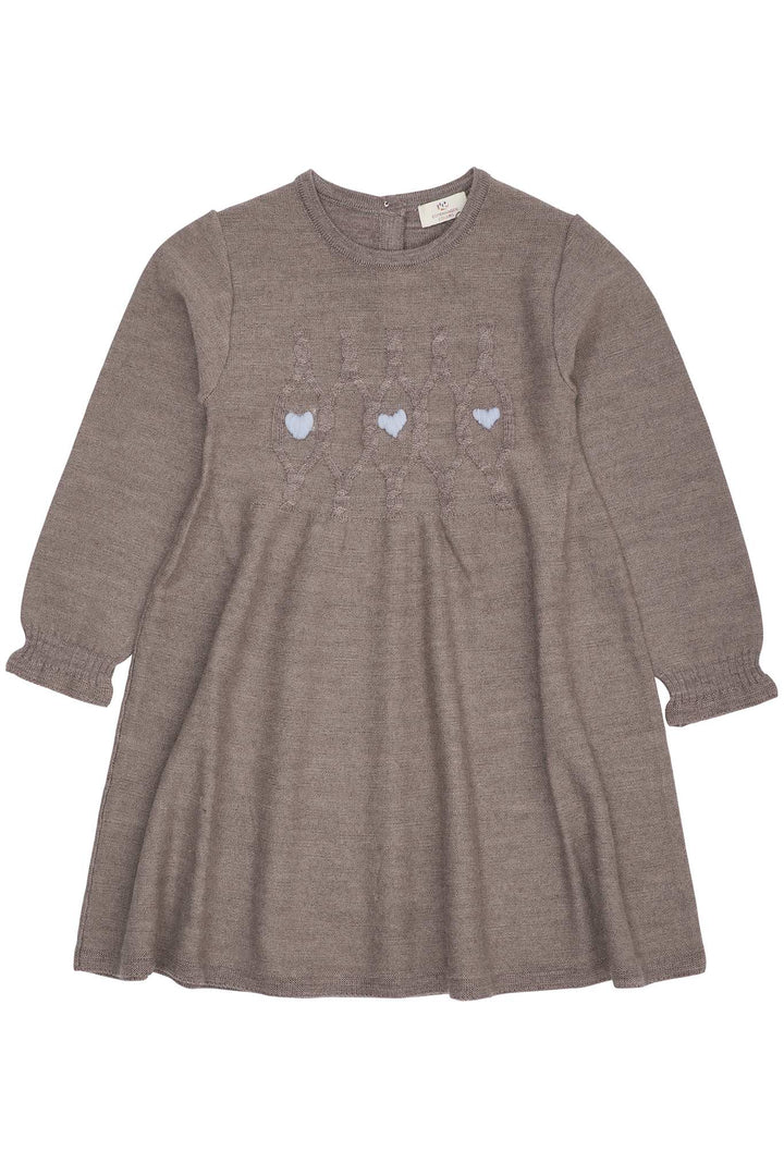 MERINO LS CABLE DRESS W. HEARTS - NATURAL MEL. W. DUSTY BLUE HEART