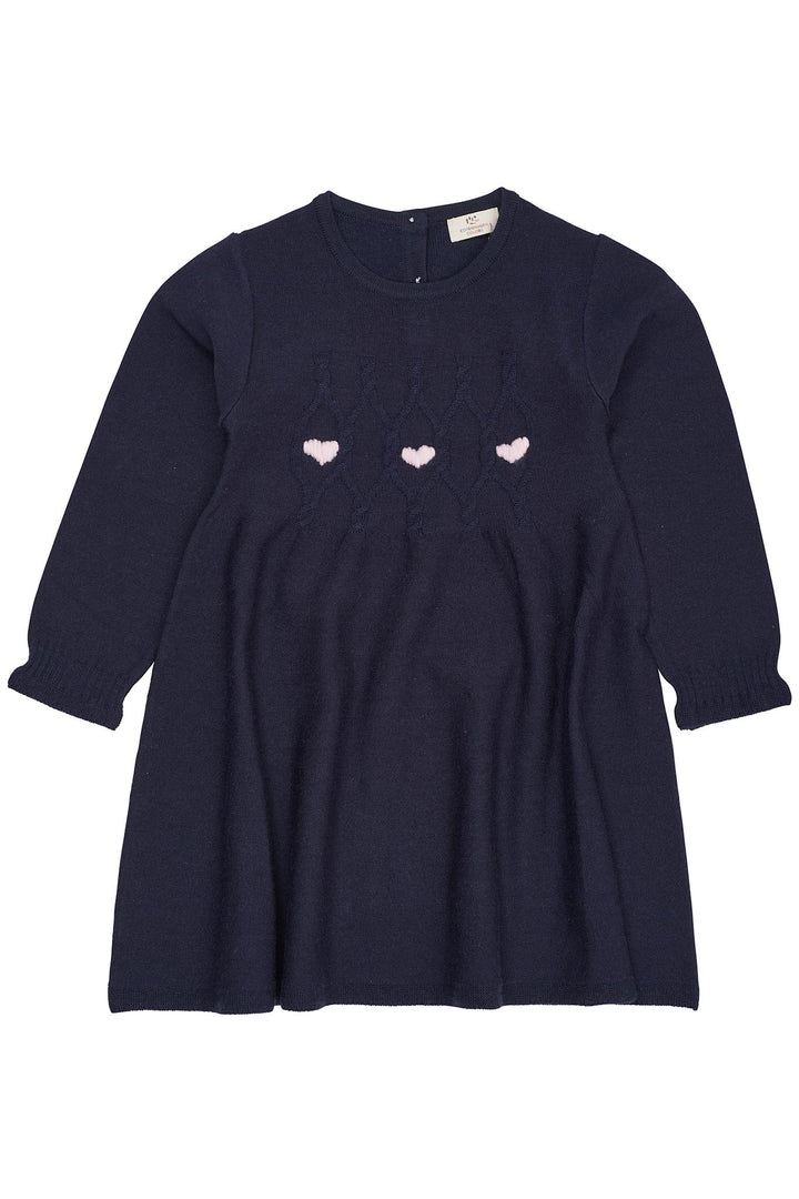 MERINO LS CABLE DRESS W. HEARTS - NAVY W. BUBBELGUM HEART