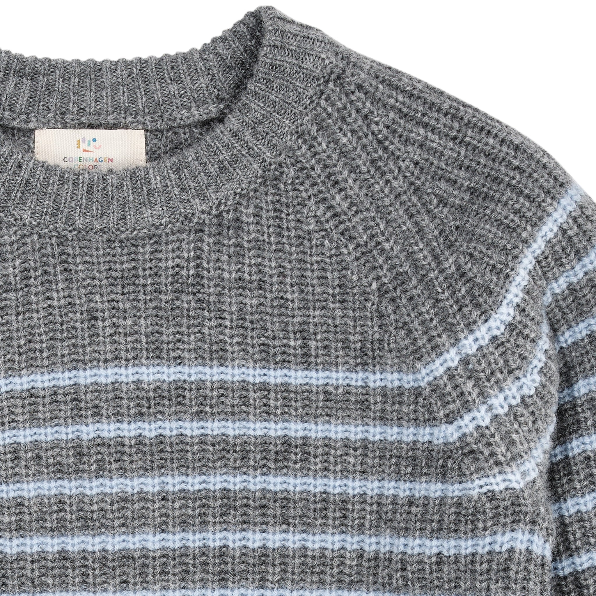 CASHMERE CLASSIC RIB PULLOVER - GREY MEL/DUSTY BLUE STRIPE