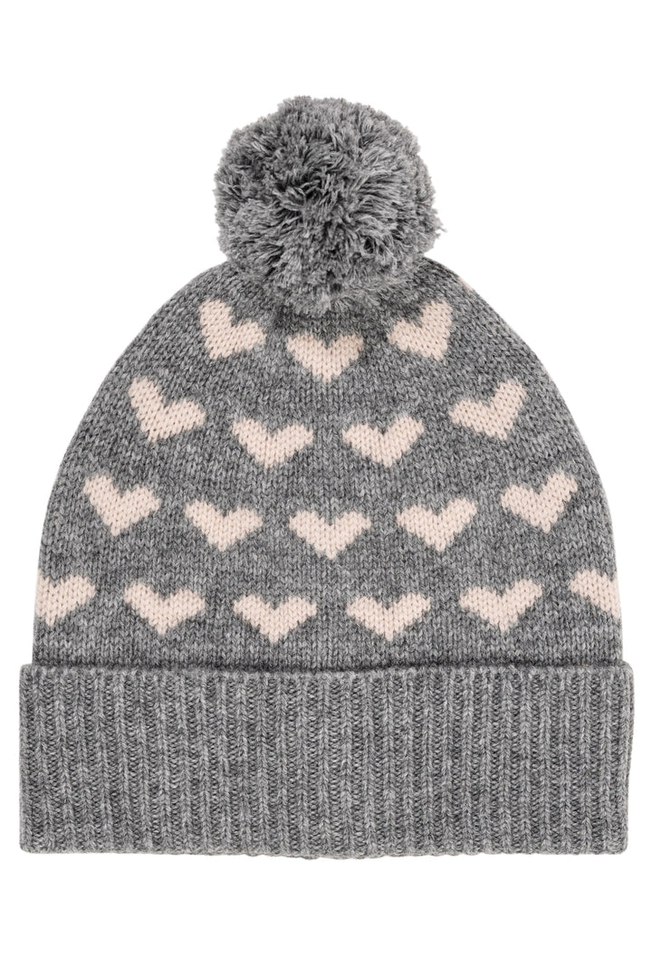 CASHMERE BEANIE W. HEARTS AND POMPOM - GREY MEL/TAUPE COMBI