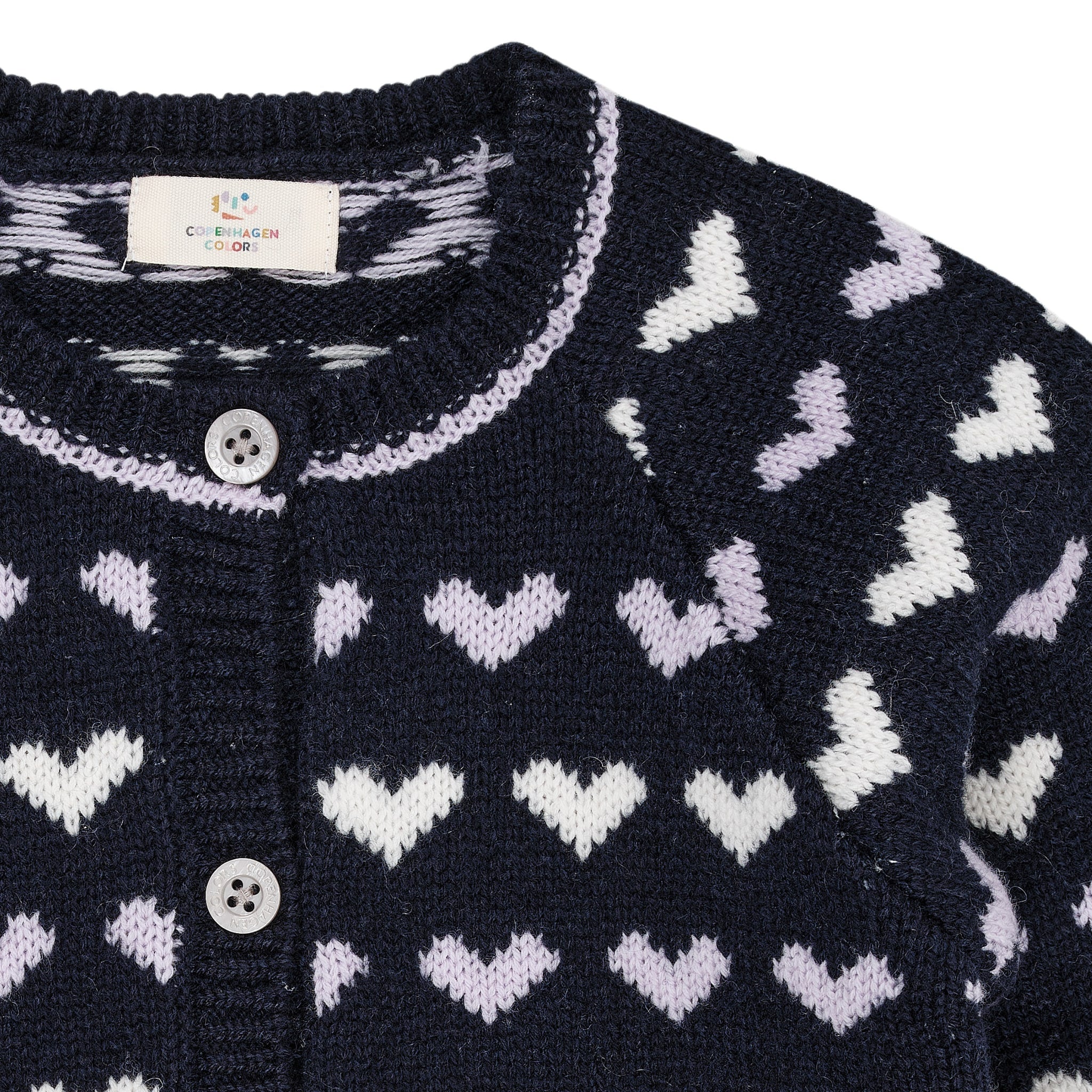 CASHMERE CARDIGAN W. HEARTS - NAVY/LAVENDER COMBI