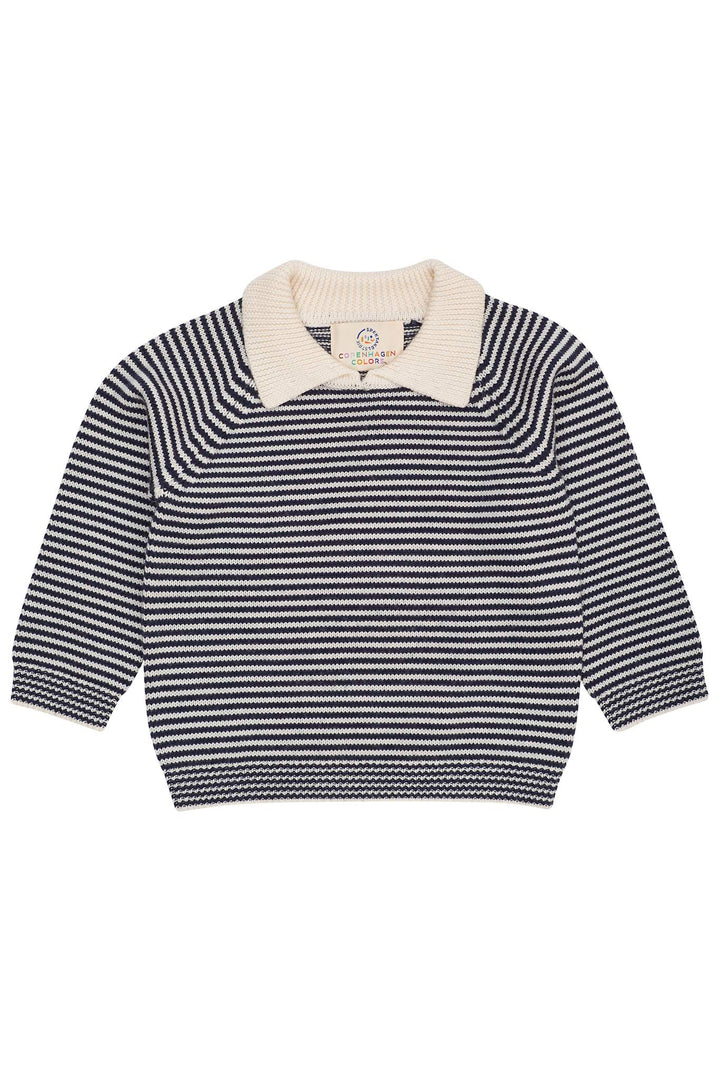 MERINO STRIPED BLOUSE W. COLLAR - CREAM/NAVY STRIPE