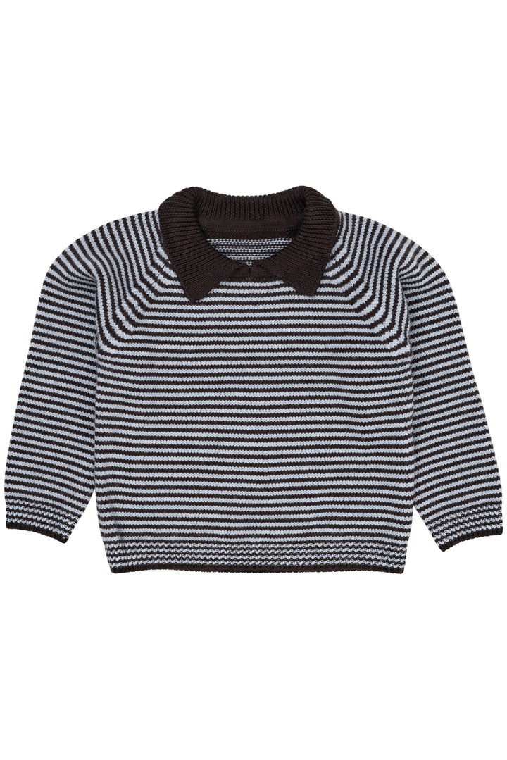Merino Striped Blouse W. Collar - DK BROWN/DUSTY BLUE STRIPE