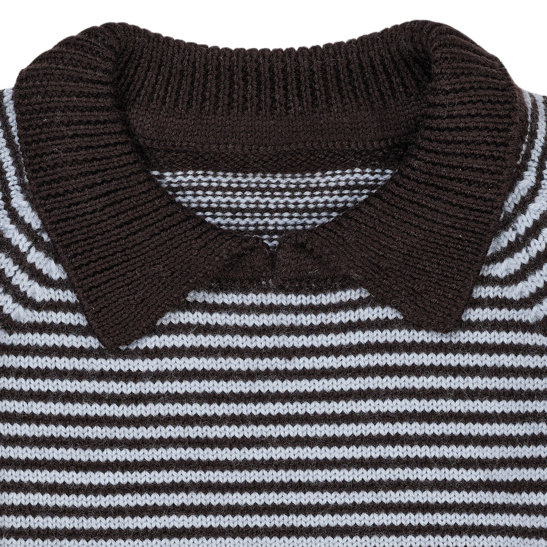 Merino Striped Blouse W. Collar - DK BROWN/DUSTY BLUE STRIPE