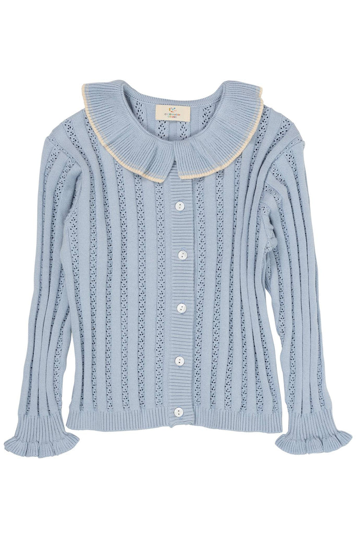 KNITTED POINTELLE CARDIGAN W COLLAR - DUSTY BLUE