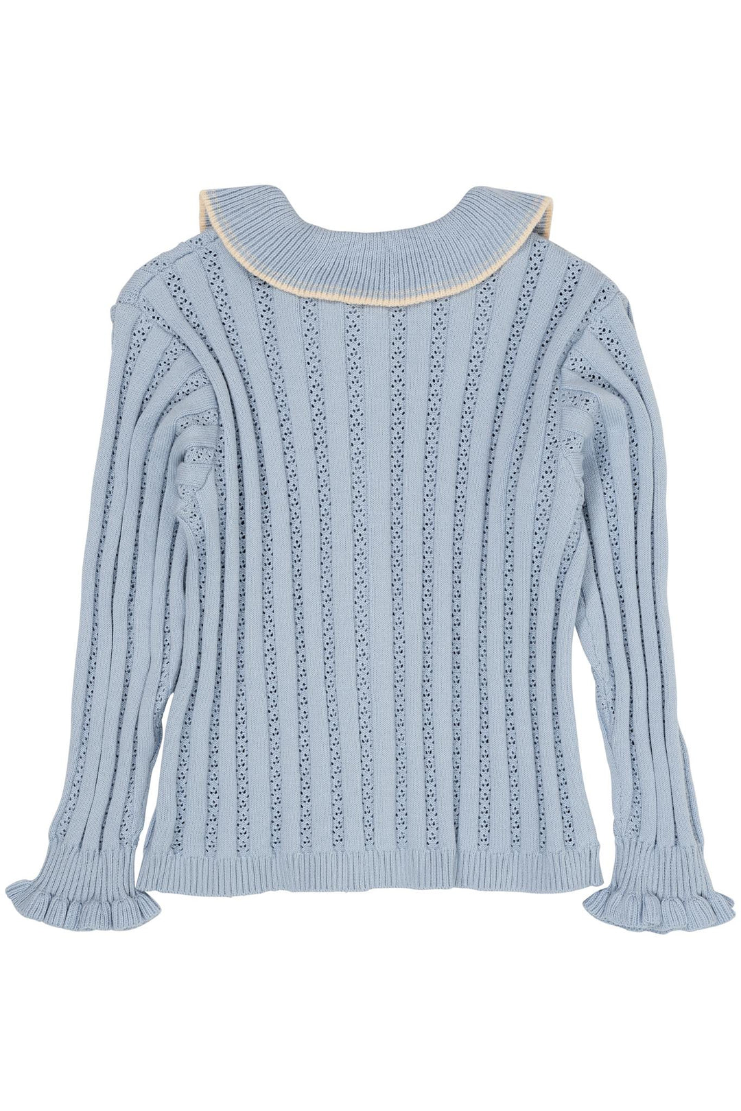 KNITTED POINTELLE CARDIGAN W COLLAR - DUSTY BLUE