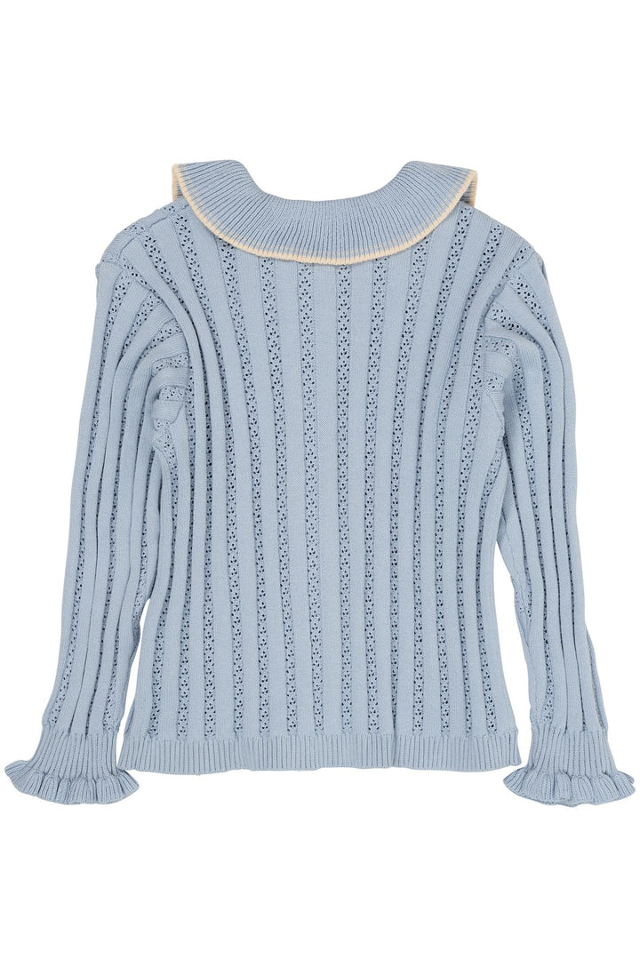 KNITTED POINTELLE CARDIGAN W COLLAR - DUSTY BLUE