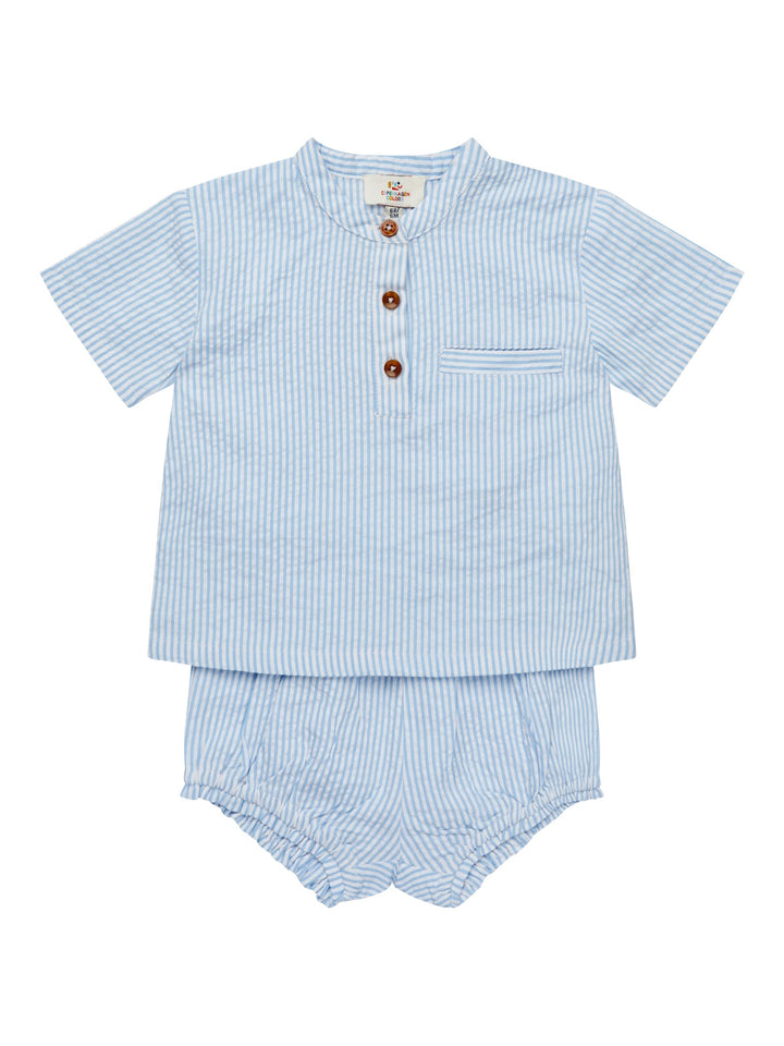 SEERSUCKER BABY SET - SKY BLUE W CREAM STRIPE