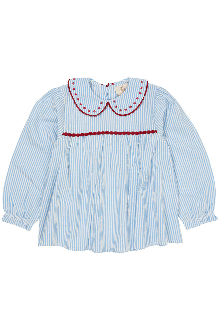 SEERSUCKER LS TUNIC W. HEARTS - SKY BLUE W CREAM STRIPE W BERRY
