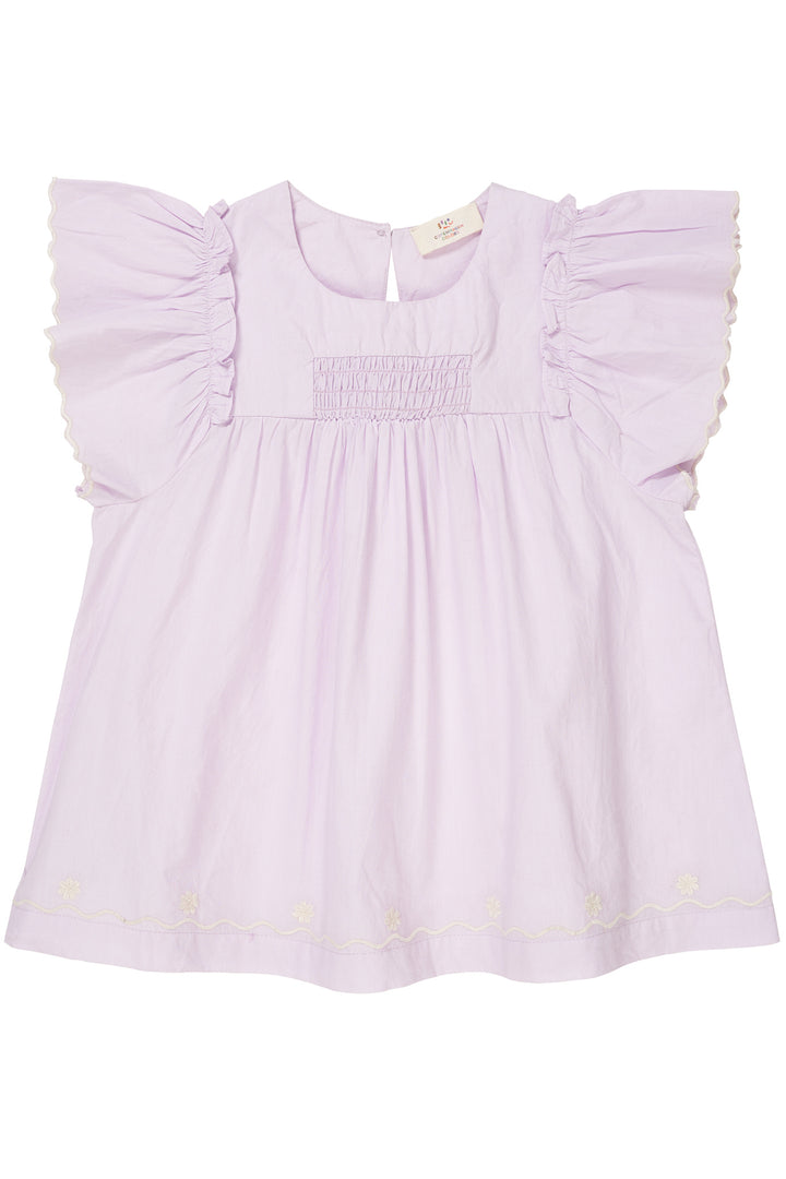 POPLIN EMB. BLOUSE W. FRILL SLEEVES - LAVENDER COMB.