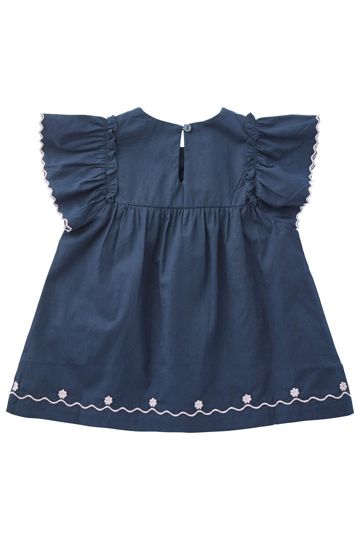 POPLIN EMB. BLOUSE W. FRILL SLEEVES - NAVY COMB.