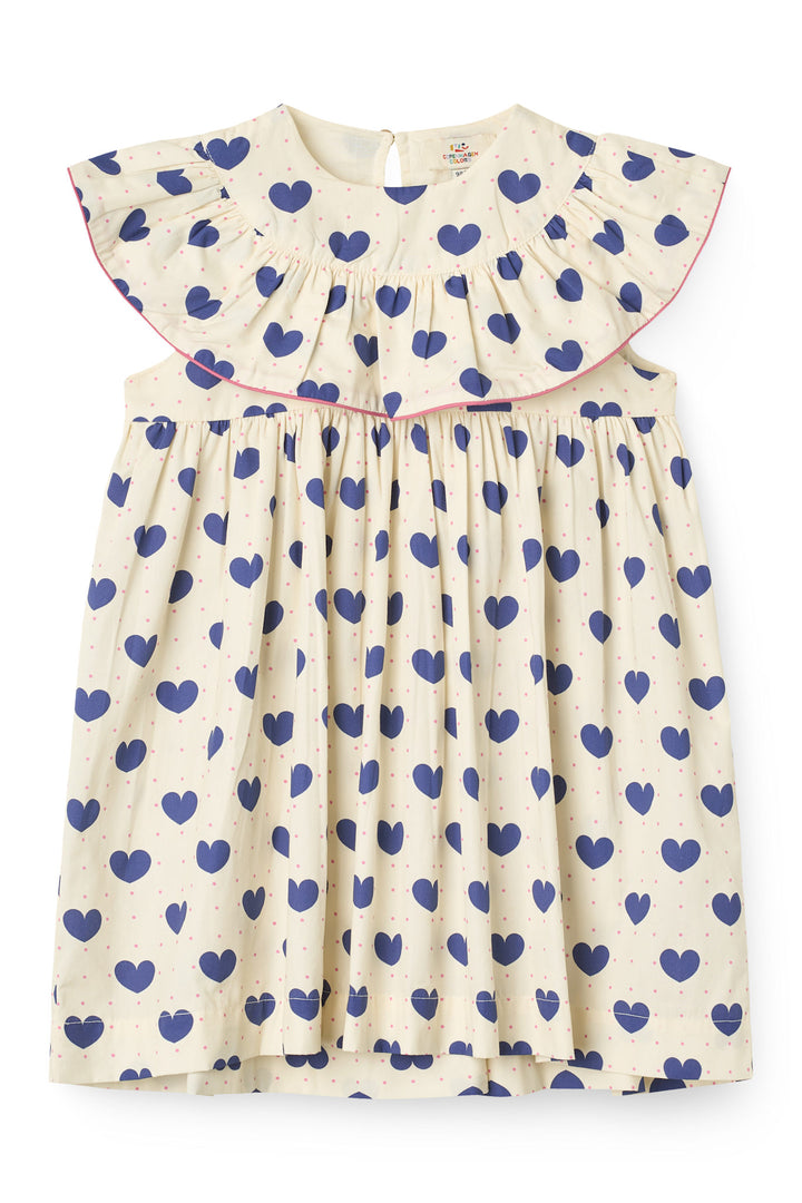 HEART AND DOTS DRESS W. FRILL - HEART AOP