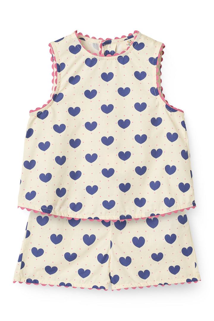 HEART AND DOTS BLOUSE W SHORT SET - HEART AOP OCEAN