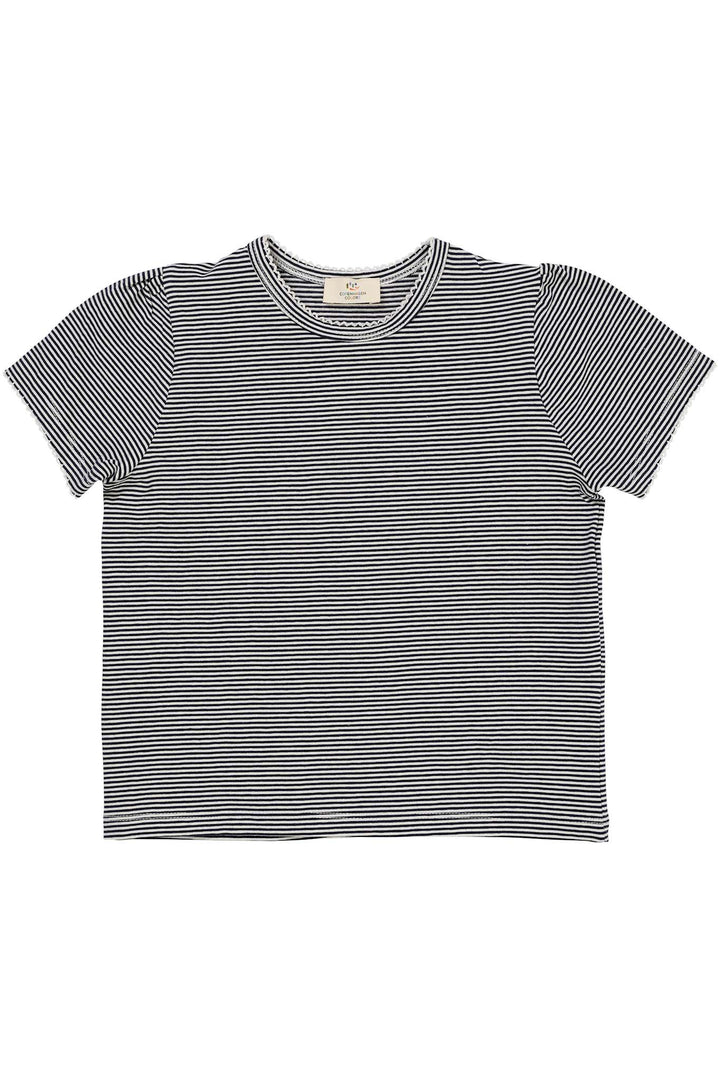 STRIPED T-SHIRT W. RUFFLE SLEEVES - NAVY/CREAM STRIPE