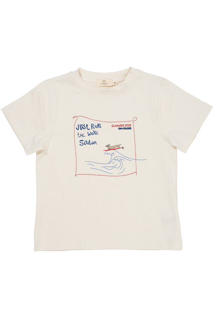 T-SHIRT W. PRINT AND EMBROIDERY - CREAM SURFING DOG