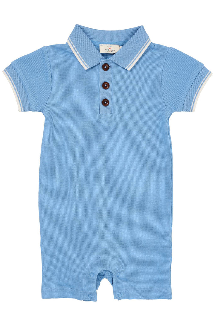PIQUE POLO ROMPER - SKY BLUE COMB