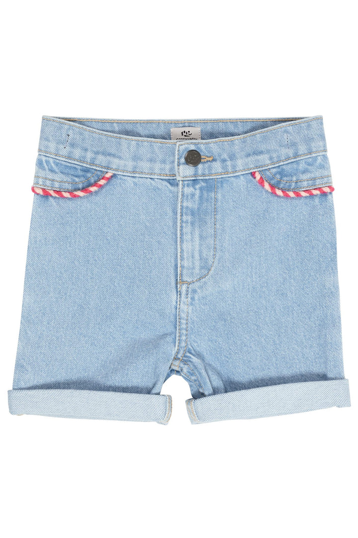 ORGANIC DENIM SHORTS W ROPE DECO - LT BLUE INDIGO WASHED