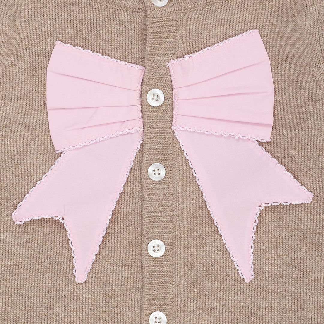 CASHMERE CARDIGAN W. POPLIN BOW - SAND/LAVENDER COMB.